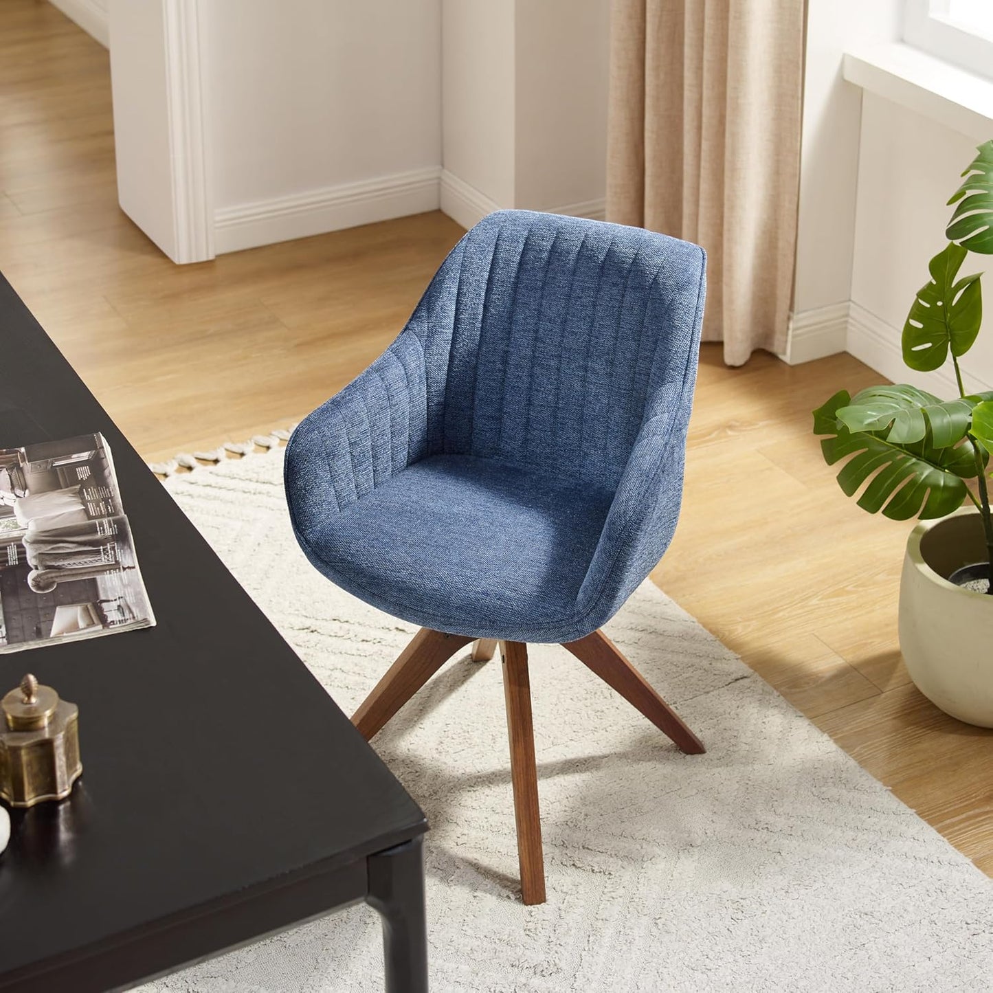 Desk Chair - Mid Century Modern Office Chair No Wheels, Swivel Accent Chair with Oak Wood Legs, Fabric Upholstered Arm Chair, Blue