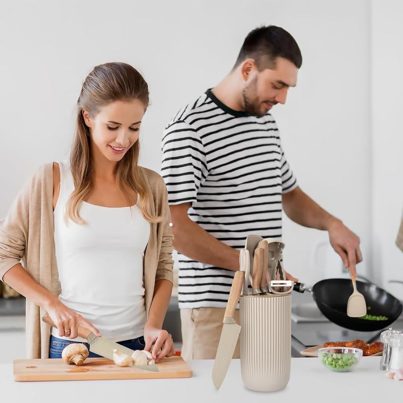 10 Pieces Silicone Cooking Utensils Set with Knife Block Set, Include 4Pcs Utensils Spatulas & 5Pcs Sharp Stainless Steel Chef Knife, Khaki