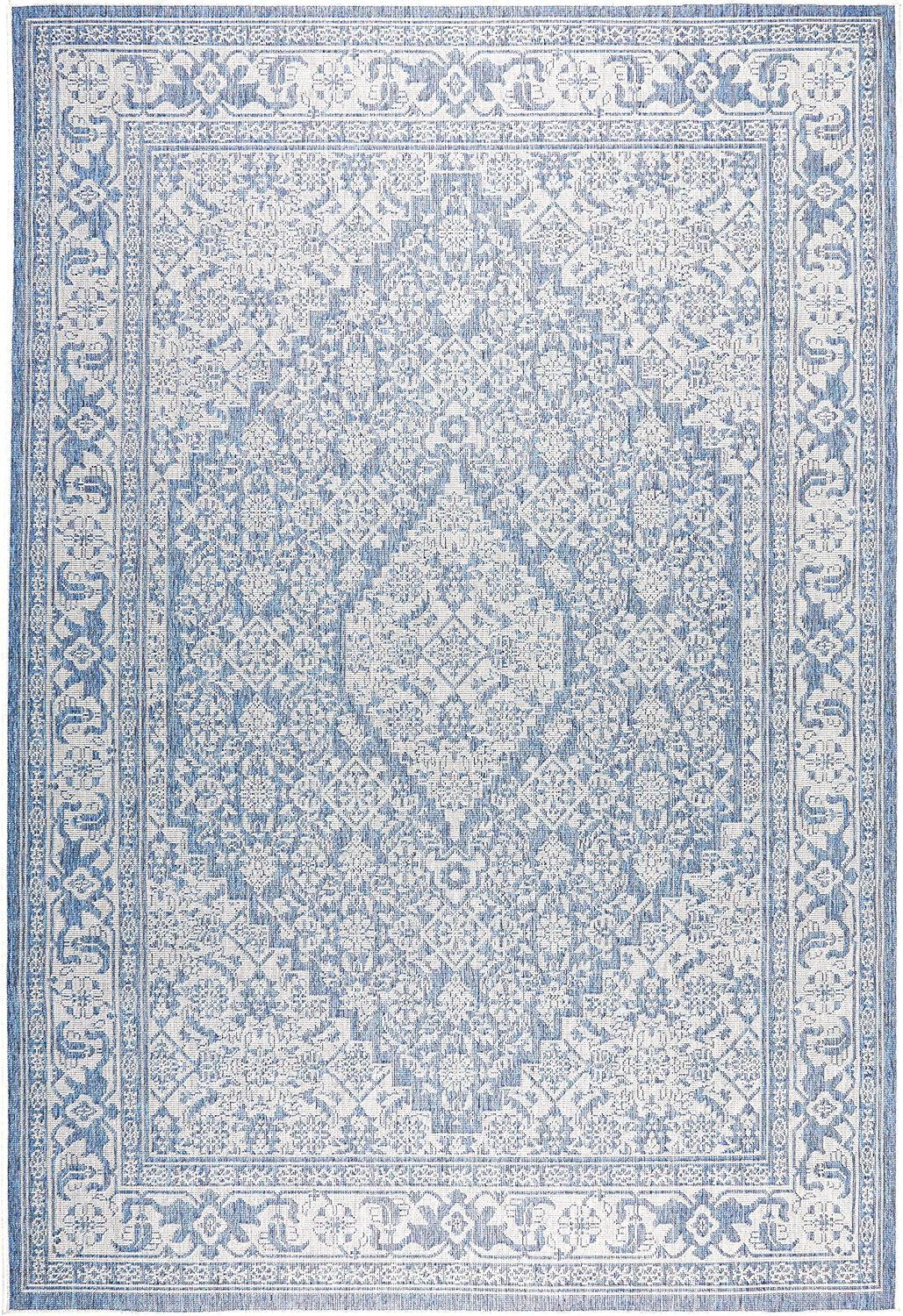 Patio Country Dahlia Transitional Medallion Indoor/Outdoor Area Rug, Blue/Grey, 7'9"X10'2"