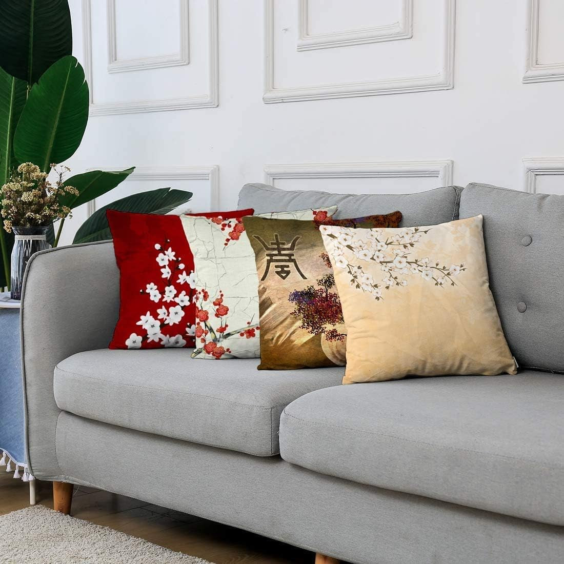 Set of 4 Throw Pillow Covers Japanese Zen Tree Eastern Nature Home Flowers Cherry Blossom Beige Cream Decorative Pillow Cases Home Decor Square 22X22 Inches Pillowcases