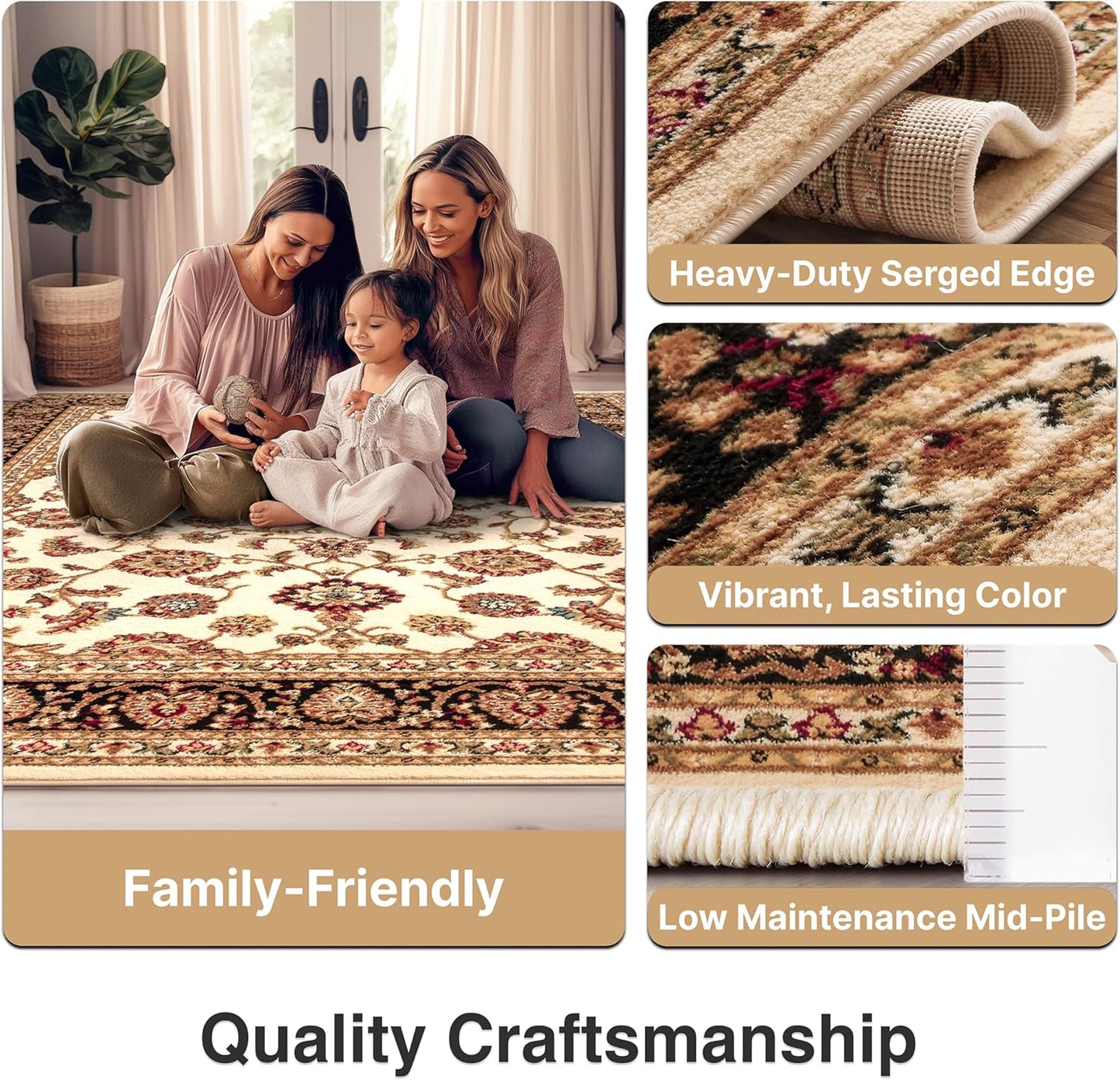 Barclay Collection Sarouk Ivory 6X9 Area Rug - for Living Room, Bedroom, and Dining Room