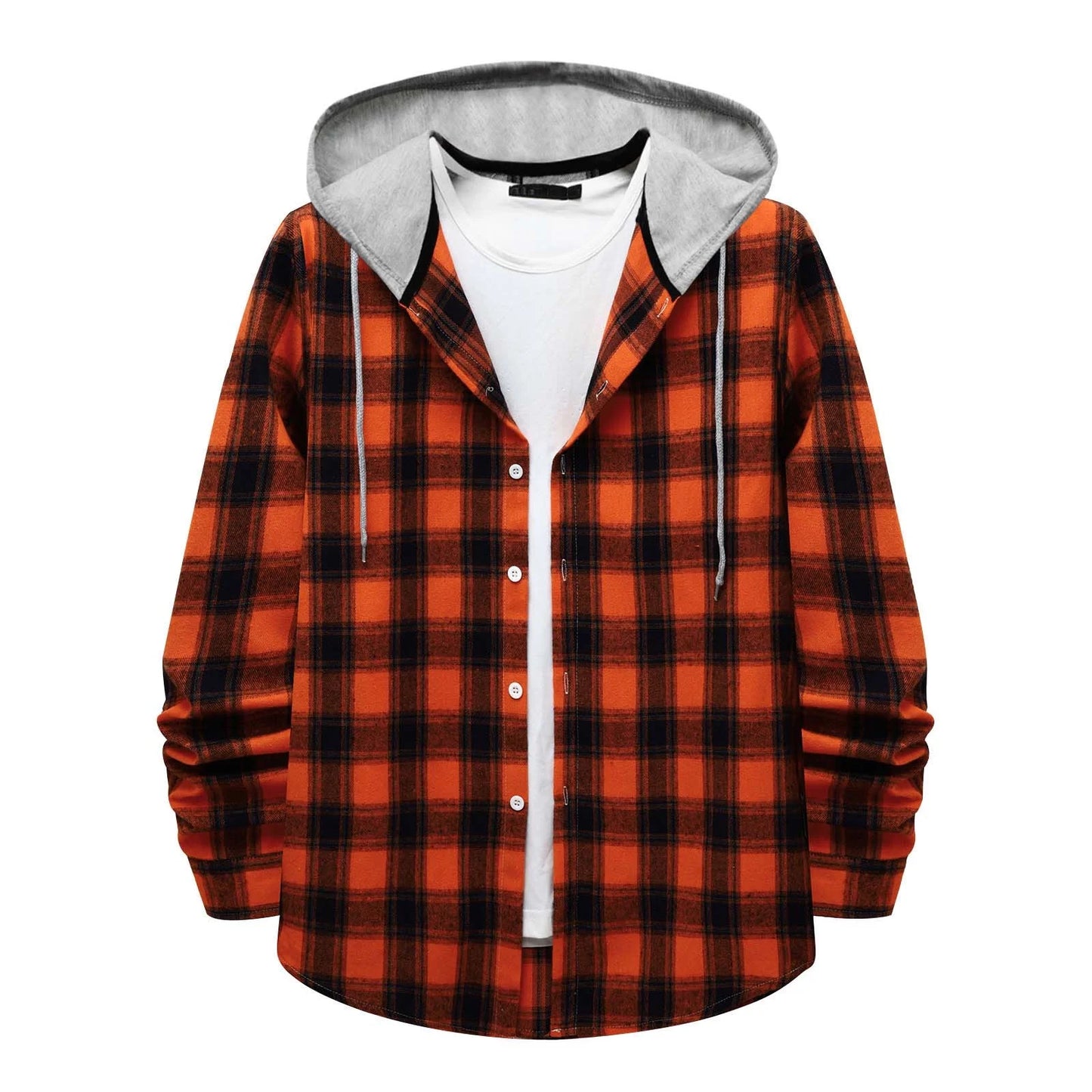Men'S Flannel Plaid Hooded Shirts Casual Long Sleeve Button down Regular Fit Hooded Shirt Lightweight Thin Jackets Orange#01 XL