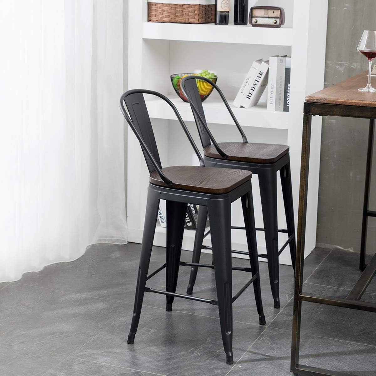 Metal Bar Stools Set of 4,24 Inch Barstools Counter Height Bar Stools with Backs Farmhouse Bar Stools with Larger Seat High Back Kitchen Dining Chairs Modern Bar Chairs Matte Black Stool
