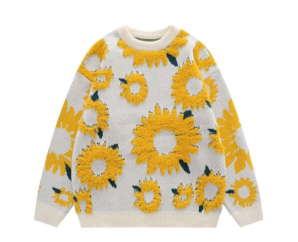 Harajuku New Mens Sweater Sunflower Flocked round Neck Oversized Sweater Men Ins Style Loose Casual Couple Knitted Pullover Tops