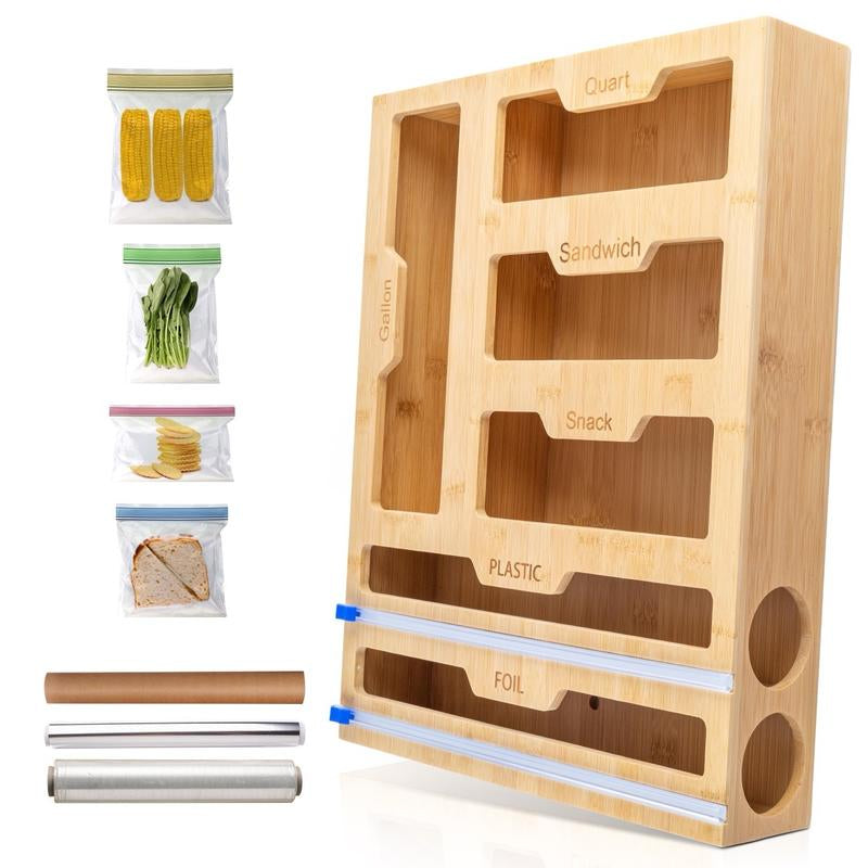 Bamboo Plastic Bag Organizer for Kitchen Drawer - Resealable Bag & Foil Wrap Holder - Pantry Storage Solution - 17” X 13” X 3.5” - Eco-Friendly Kitchen Cabinet Organizer