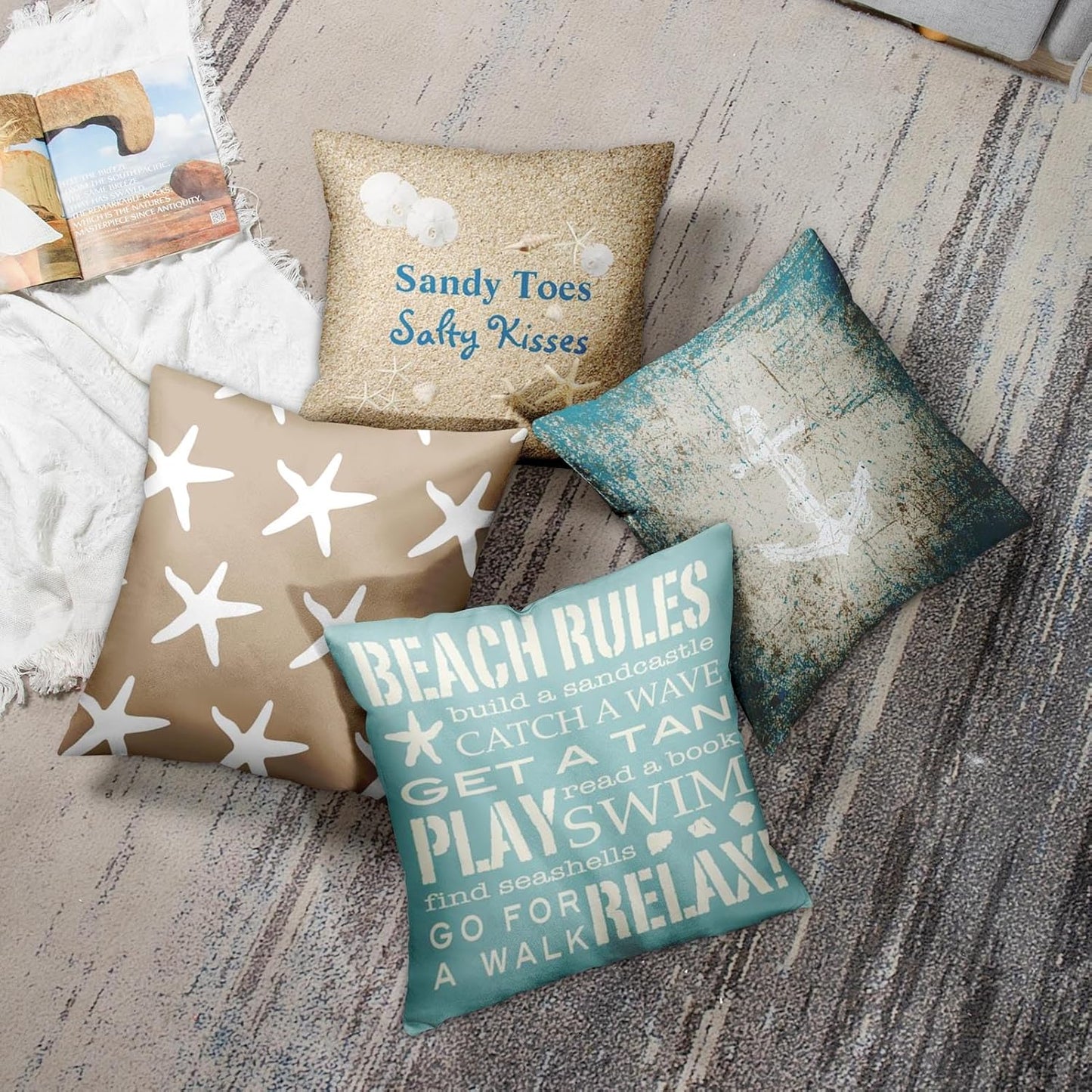 Set of 4 Throw Pillow Covers Beach Starfish Words Rules Holiday Summer Nautical Anchor Distressed Taupe Decorative Pillow Cases Home Decor Square 18X18 Inches Pillowcases