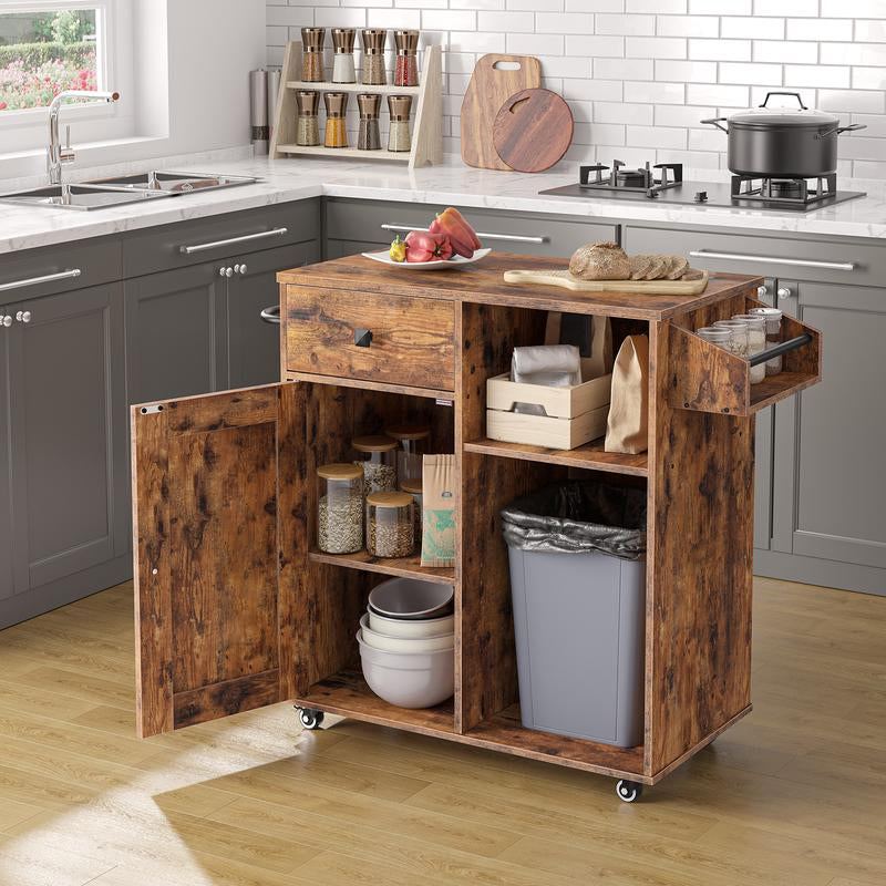 HOOBRO Kitchen Island on Wheels, Storage Cabinet with Drawer, Kitchen Cart with Spice and Towel Rack, Saving Space, Easy Assembly, for Living Room, Rustic Brown#Springtok