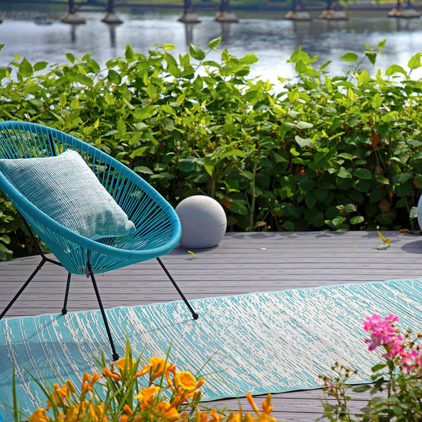 Outdoor Rug - Waterproof, Fade Resistant, Crease-Free - Premium Recycled Plastic - Distressed Abstract - Porch, Deck, Balcony, Mudroom, Laundry Room, Patio - Brooklyn - Teal - 3 X 5 Ft