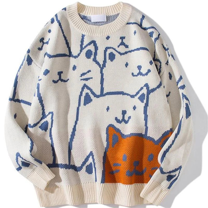 Cartoon Cat Knitted Sweater - Oversized Vintage Style for Winter