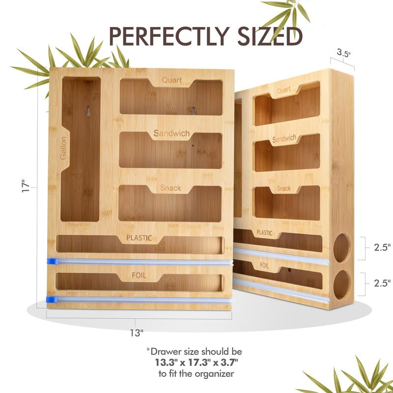 Bamboo Plastic Bag Organizer for Kitchen Drawer - Resealable Bag & Foil Wrap Holder - Pantry Storage Solution - 17” X 13” X 3.5” - Eco-Friendly Kitchen Cabinet Organizer