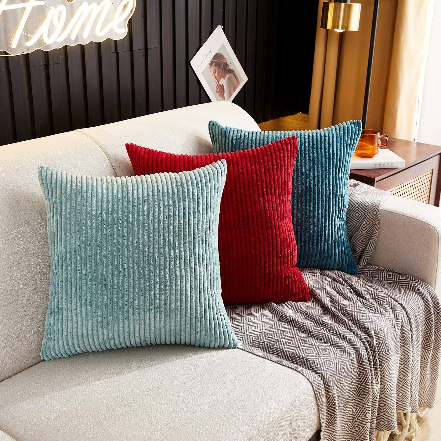 Pack of 2, Corduroy Soft Decorative Square Throw Pillow Cover Cushion Covers Pillowcase, Home Decor Decorations for Sofa Couch Bed Chair 18X18 Inch/45X45 Cm (Striped Light Green)