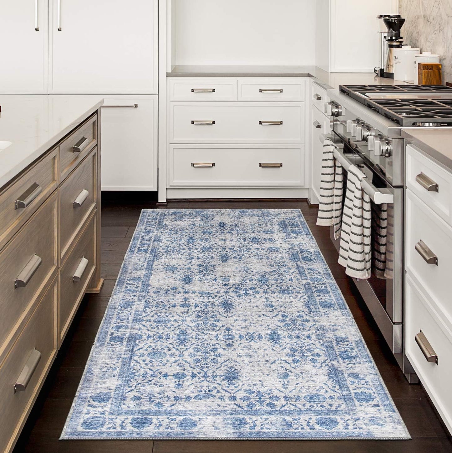 Realife Machine Washable Area Rug Runner - Living Room Bedroom Bathroom Kitchen Entryway Office - Padded Low Pile Stain Resistant Premium - Boho Farmhouse Vintage - Noor - Grey Blue 2'6" X 6'