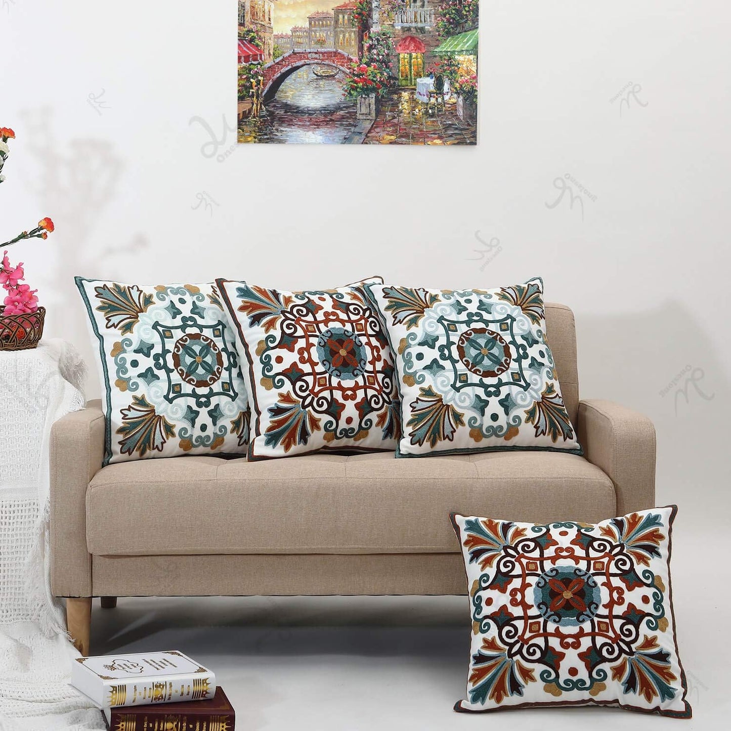 Onelsong Decorative Pillow Covers for Couch Living Room 18X18 Inches Set of 2 Embroidery Square Boho Throw Pillows Cover for Sofa Chair Bed