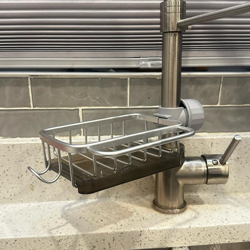 Ronnos Kitchen Accessories Sink Caddy, Multifunctional Sink Faucet Adjustable Attachable Storage Rack Kitchen Organizer, Dish Sponge Holder Attachable to Sink Faucet 0.7-1.1 Inch Pipe for Bathroom and Kitchen, Metal Accessory with Detachable Water Tray