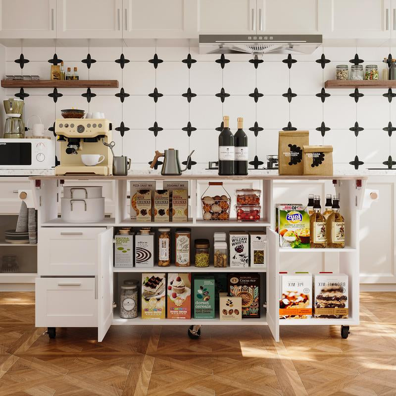 FUFU&GAGA Kitchen Island 54" Large Rolling Kitchen Island Cart on Wheels with Drop Leaf Breakfast Bar Spice Towel Rack Mobile Island Table for Kitchen with Storage, Moveable Cabinet Drawer