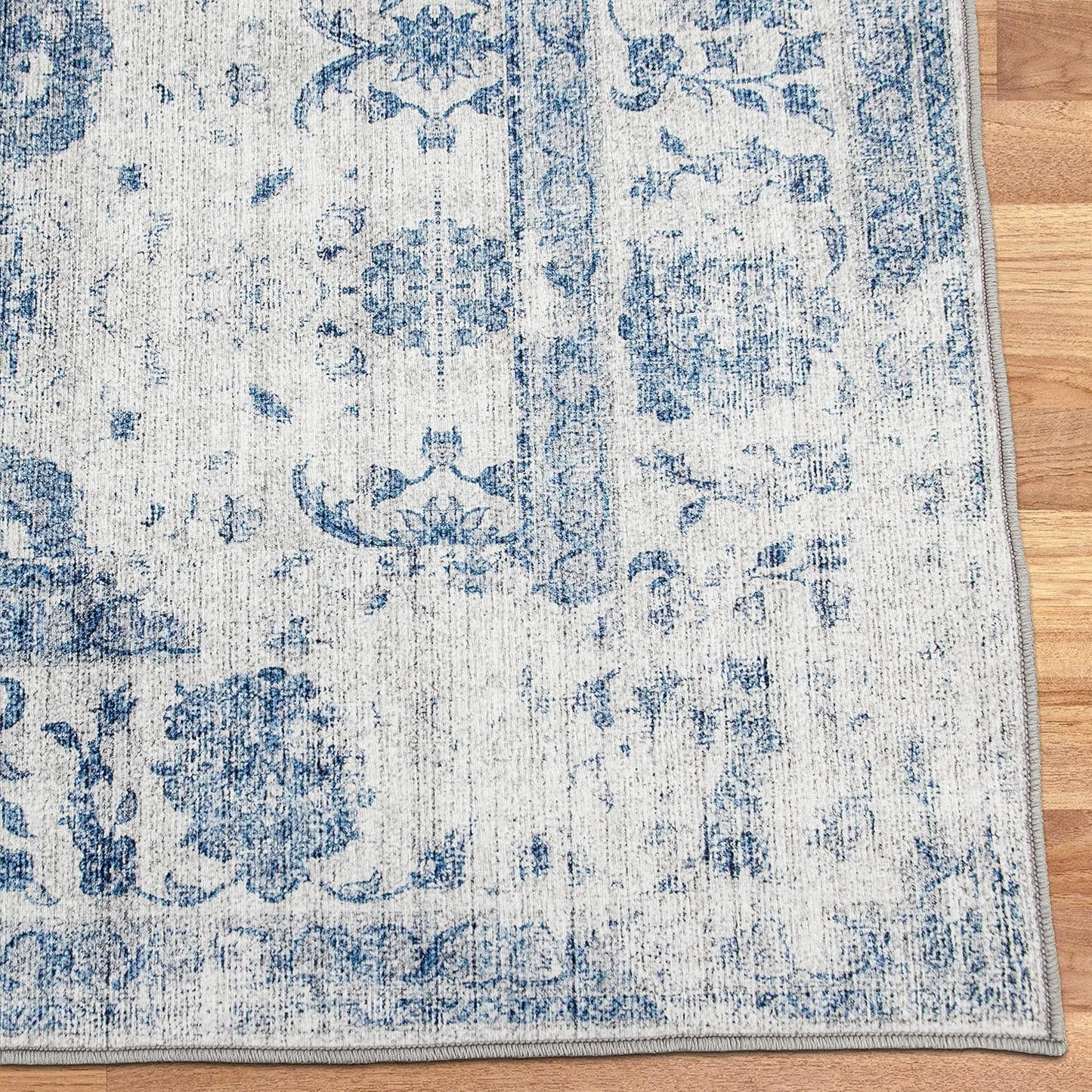 Realife Machine Washable Area Rug Runner - Living Room Bedroom Bathroom Kitchen Entryway Office - Padded Low Pile Stain Resistant Premium - Boho Farmhouse Vintage - Noor - Grey Blue 2'6" X 6'