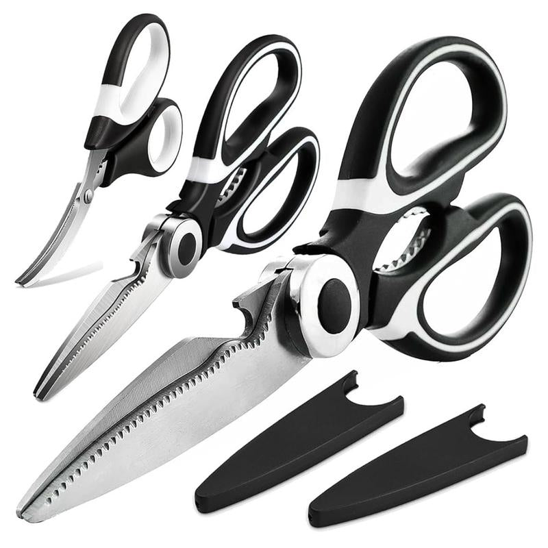OMDAR Kitchen Scissors - 3 Pack Heavy Duty Stainless Steel Shears for Cutting Meat, Food, Fish, Poultry - Dishwasher Safe - Cover, Board Thick