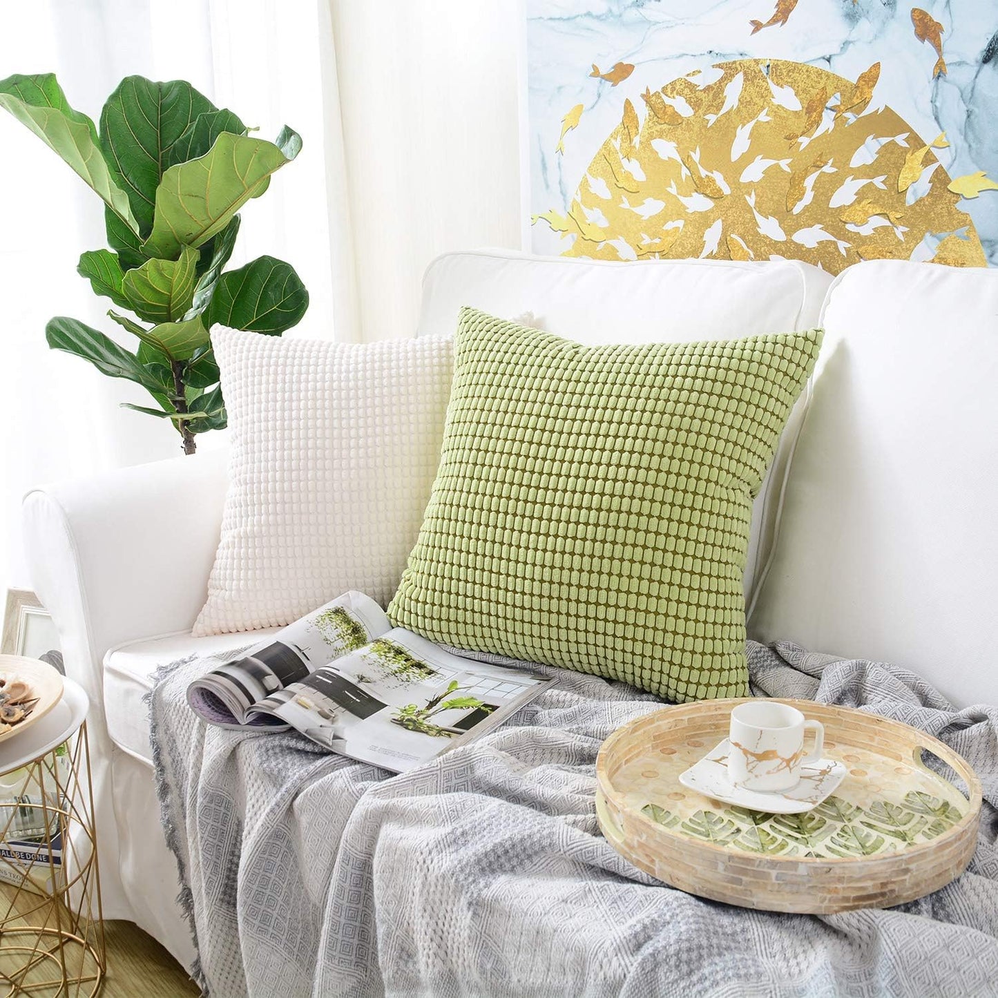 Pack of 2, Corduroy Soft Decorative Square Throw Pillow Cover Cushion Covers Pillowcase, Home Decor Decorations for Sofa Couch Bed Chair 16X16 Inch/40X40 Cm (Granules Cream White)