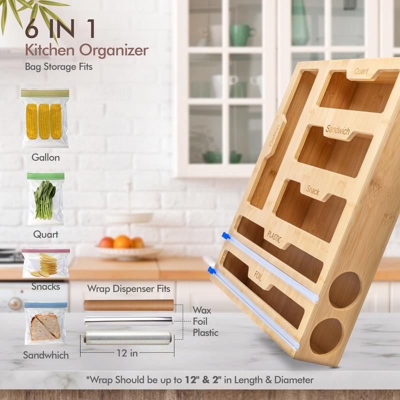 Bamboo Plastic Bag Organizer for Kitchen Drawer - Resealable Bag & Foil Wrap Holder - Pantry Storage Solution - 17” X 13” X 3.5” - Eco-Friendly Kitchen Cabinet Organizer