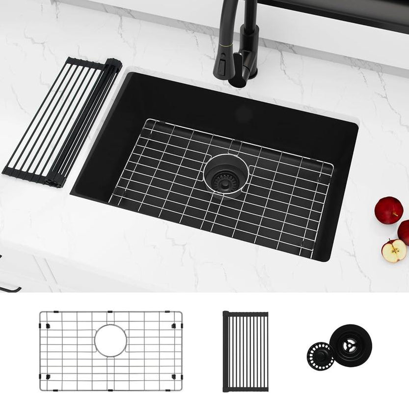 LQS 28''X 18''Single Bowl Undermount Kitchen Sink with Accessories,Black Limestone Sink,Deep Sink for Workstation,Rv,Prep Kitchen and Bar Sink