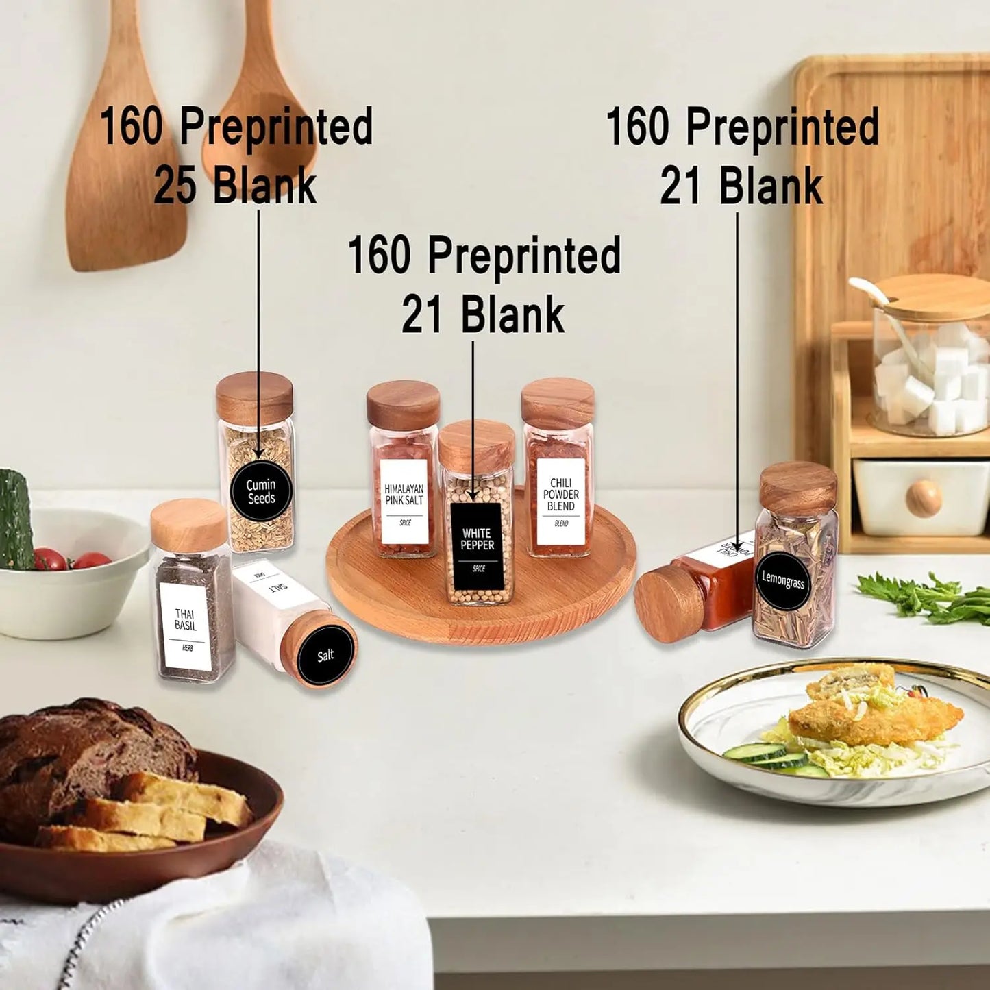 36 Glass Spice Jars with 547 Labels with Shaker Lids - 4 Oz Square Spice Containers with Acacia Wood Lids, Chalk Pen