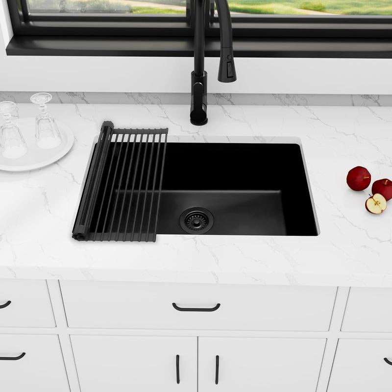 LQS 28''X 18''Single Bowl Undermount Kitchen Sink with Accessories,Black Limestone Sink,Deep Sink for Workstation,Rv,Prep Kitchen and Bar Sink