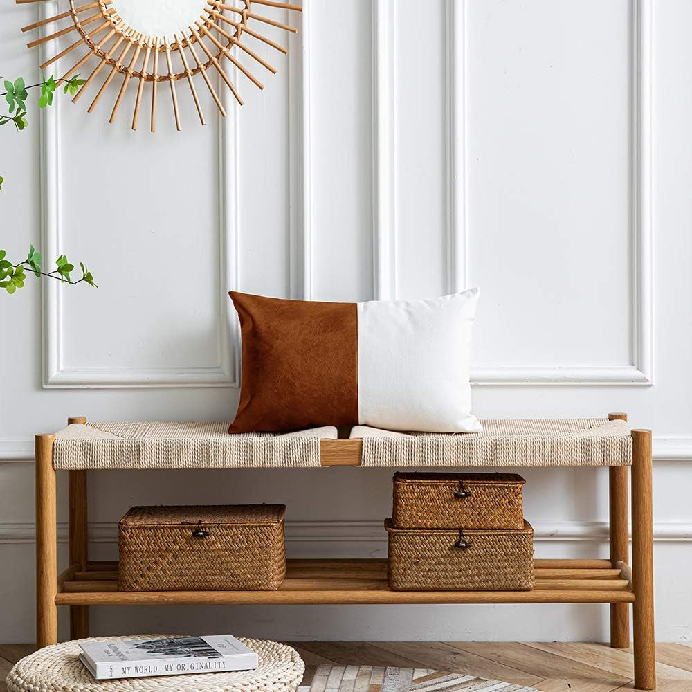 Leather Throw Pillow Covers, Set of 2 Modern Leather/Cotton Decorative Pillowcases for Home Decor Bedroom Living Room Couch Bed Sofa, 12X20 Inch, Cognac-Brown and White