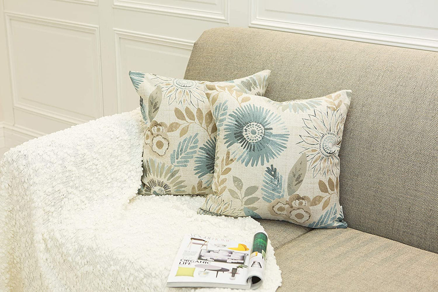 Pack of 2 Decorative Throw Pillows Cases Cushion Cover for Sofa Couch Bed,Sunflower Pattern,20X20 Inches,Blue Cream