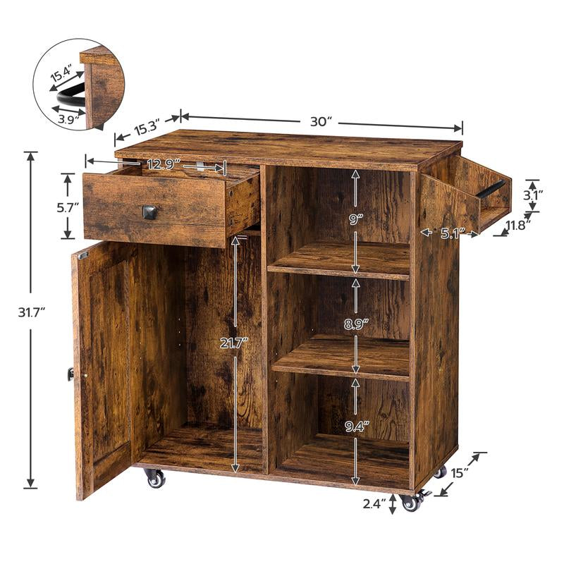 HOOBRO Kitchen Island on Wheels, Storage Cabinet with Drawer, Kitchen Cart with Spice and Towel Rack, Saving Space, Easy Assembly, for Living Room, Rustic Brown#Springtok