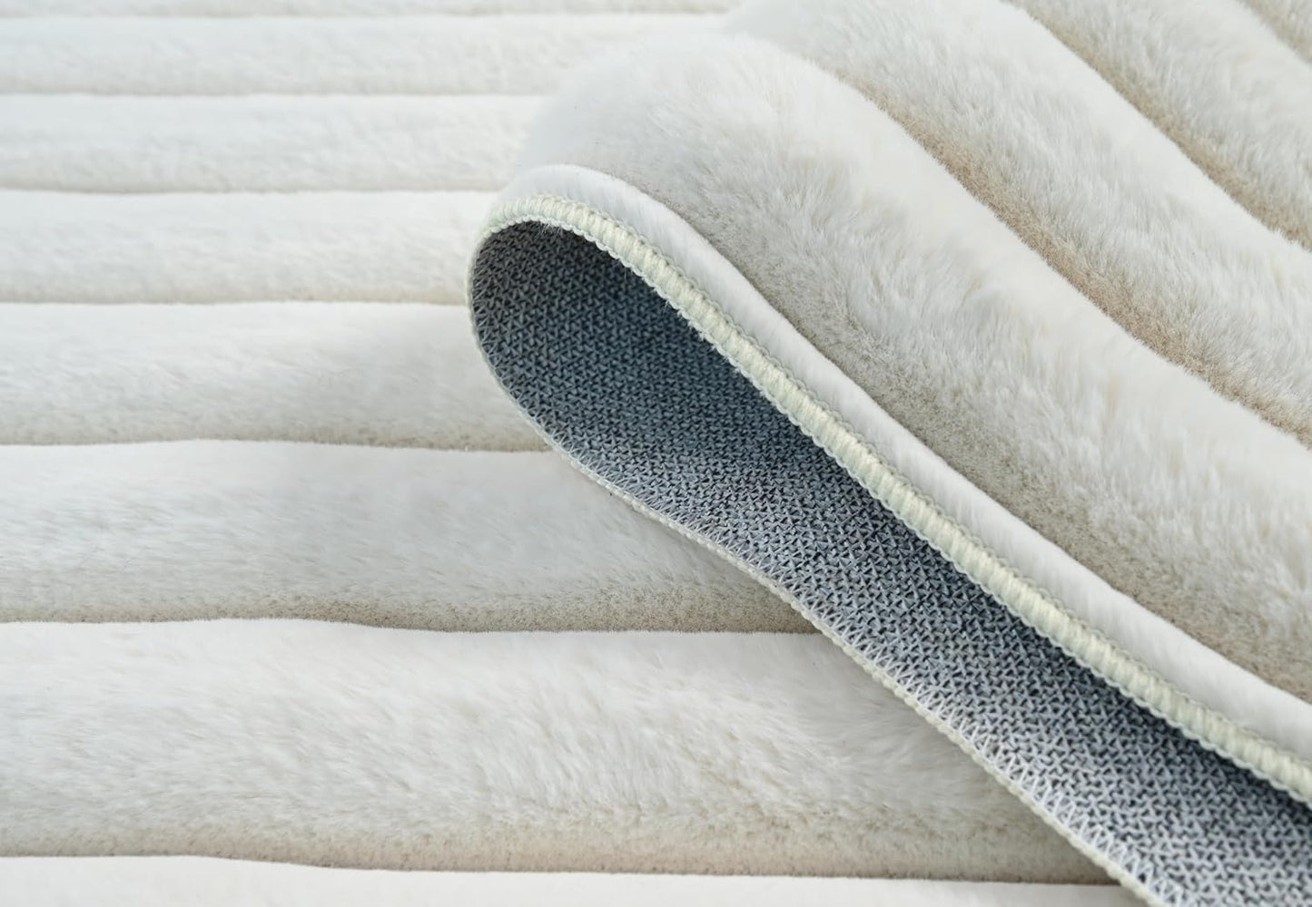 Area Rugs Striped Soft Faux Rabbit Fur Rug 5X7 Becky Beige Plush Carpet Shag Cozy Fluffy Rug Non Slip Rugs, Machine Washable Shaggy Area Rug Bedroom Living Room and Dining Room.