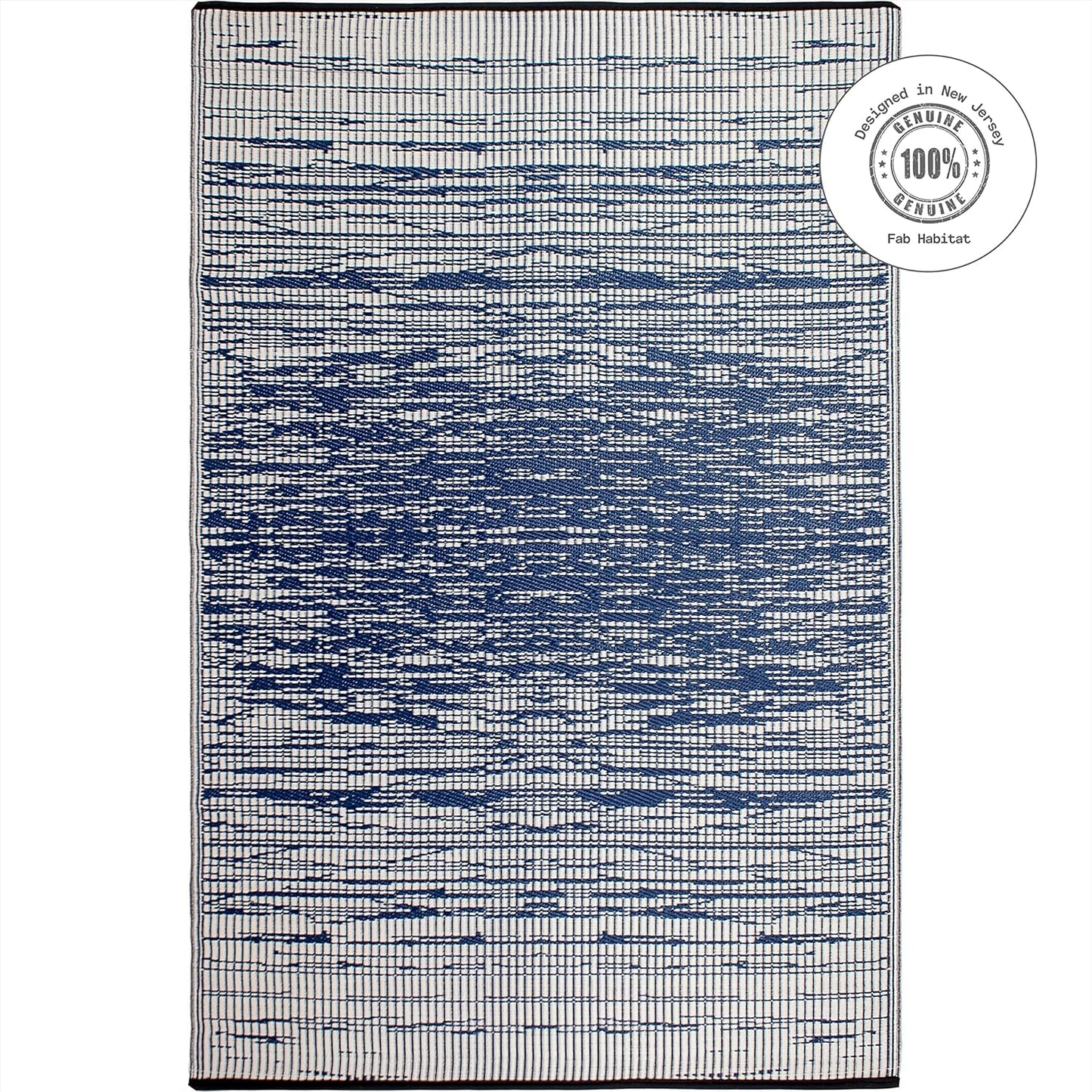 Abstract Distressed Stripes Outdoor Rug - Waterproof, Fade Resistant, Crease-Free, Reversible - Premium Recycled Plastic - Patio Porch Balcony Deck - Brooklyn Blue - 8X10 Ft
