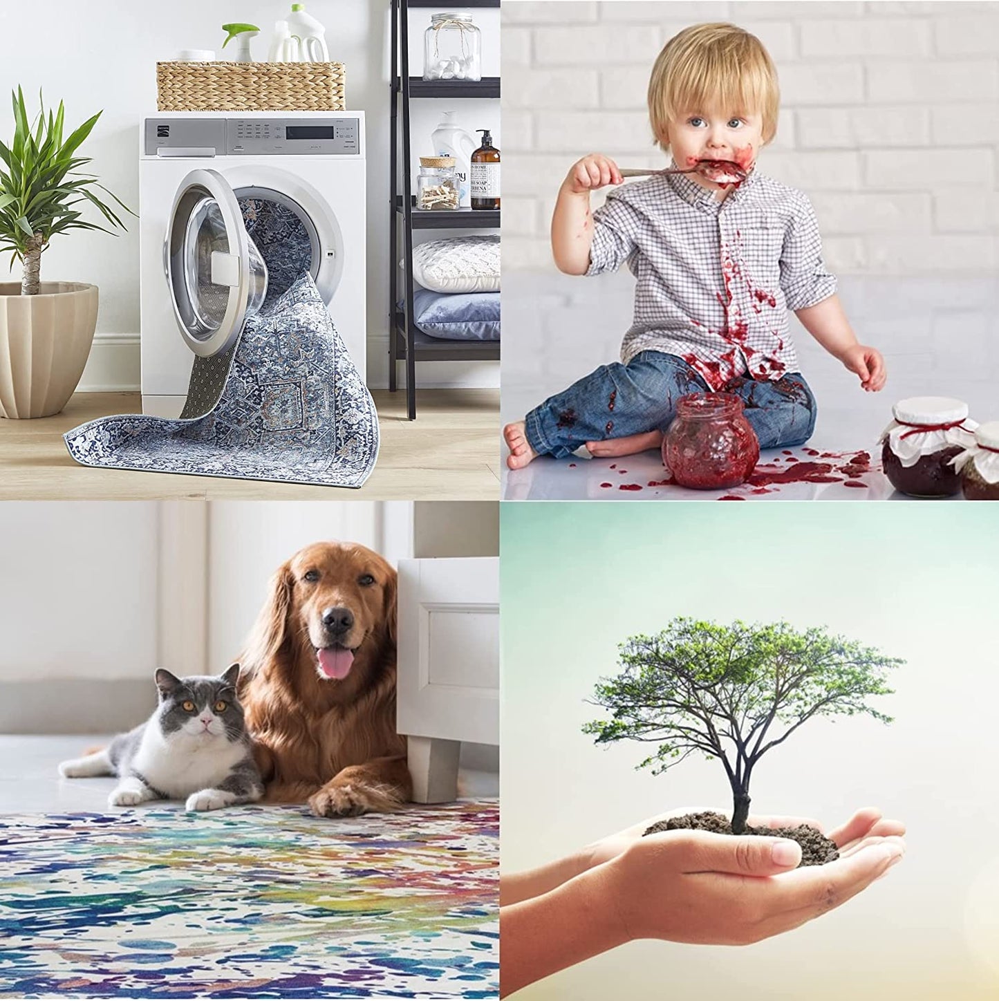 Machine Washable Area Rug - Living Room Bedroom Bathroom Kitchen Entryway Office - Padded Low Pile Stain Resistant Premium - Boho Farmhouse Vintage - Noor - Blue 4' X 6'