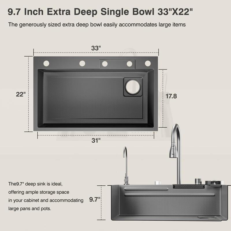 Bronstarz 33*22 INCH Black Nano Drop in Sink 304 Stainless Steel Waterfall Sink with Pull down Sprayhead Faucet Single Bowl Drop in Kitchen Sink Workstation with LED TEMP Display (33 X 22 IN)