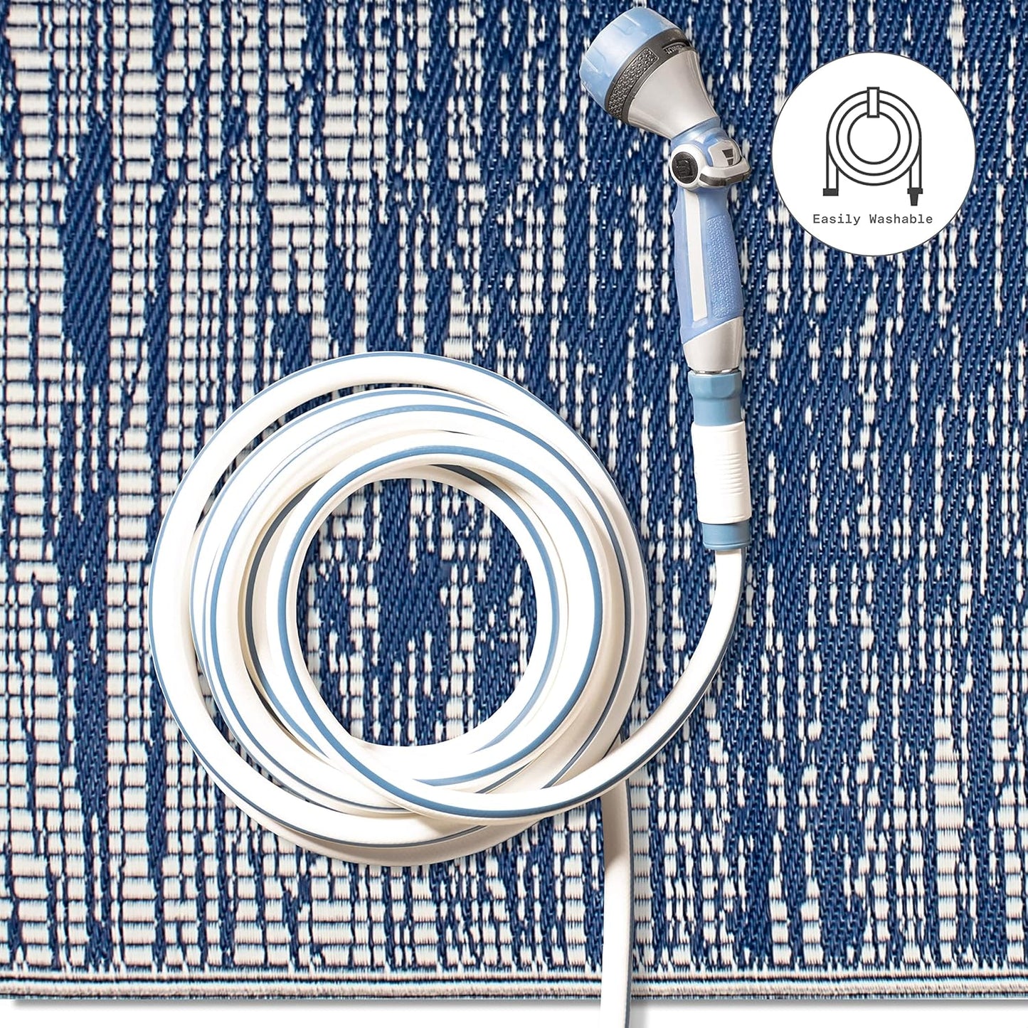 Abstract Distressed Stripes Outdoor Rug - Waterproof, Fade Resistant, Crease-Free, Reversible - Premium Recycled Plastic - Patio Porch Balcony Deck - Brooklyn Blue - 8X10 Ft