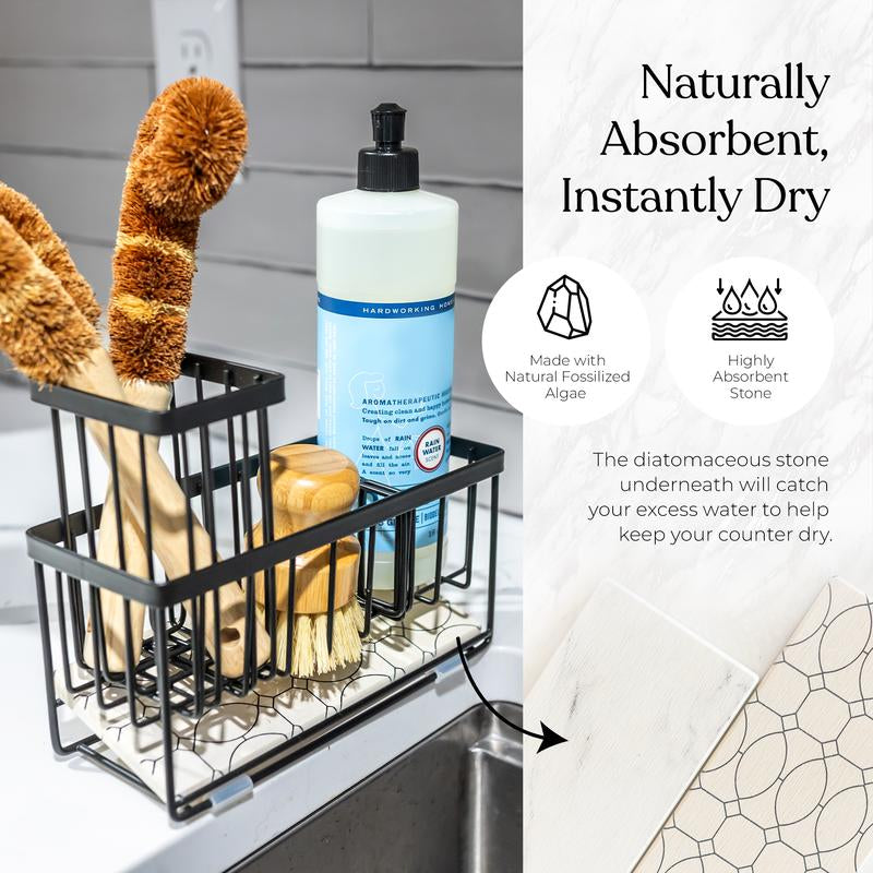 Sink Caddy Kitchen Sink Organizer – Multi-Purpose Kitchen Sink Caddy with Sponge & Dish Brush Holder, Compact Sink Sponge Holder for Kitchen Countertop & Sink Storage with a Diatomaceous Stone