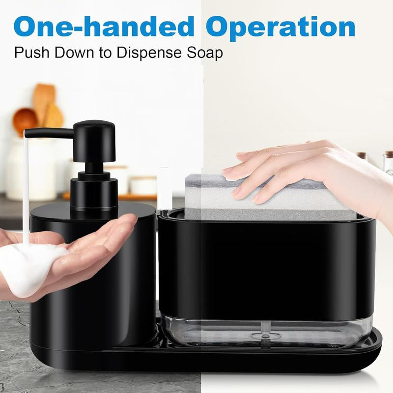 Kitchen Soap Dispenser Set, Soap Dispenser for Kitchen Sink, Dish Soap Dispenser with Sponge Holder, Tray, 3-In-1 Organizer for Kitchen Sink Countertop, Kitchen Gadgets