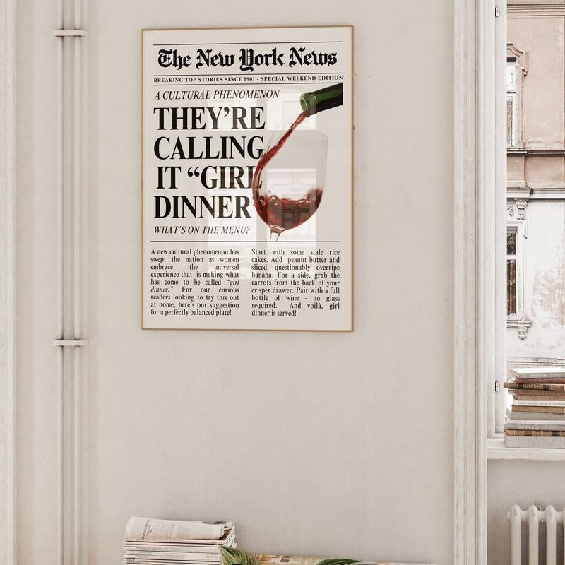 Girl Dinner Art Print Poster No Framed, Retro Kitchen Decor, Aesthetic Kitchen Wall Art, Disco Kitchen Art, Retro Kitchen Print