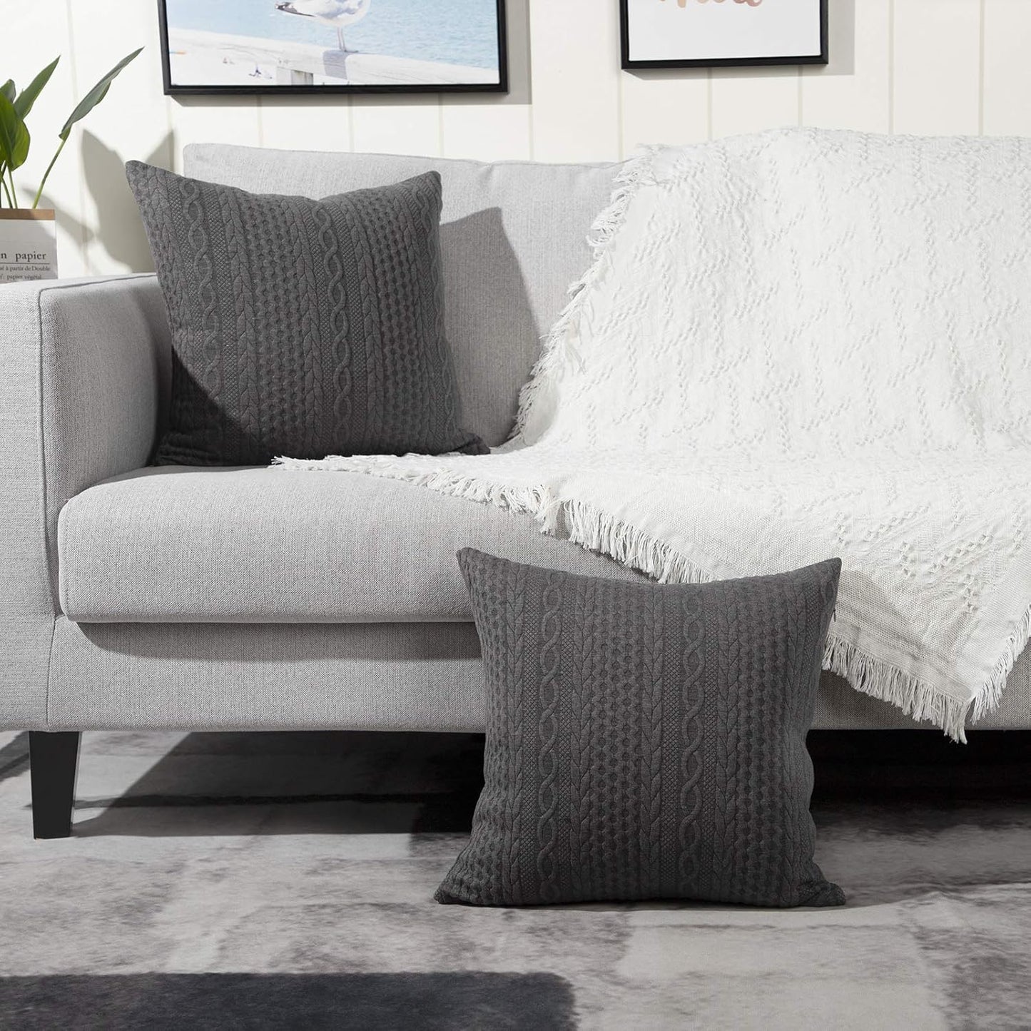 Pack of 2 Super Soft Decorative Throw Pillow Covers Square Cushion Cases Pillowcases for Couch Sofa Bedroom Car Modern Embossed Patterned,18 X 18 Inch,Grey