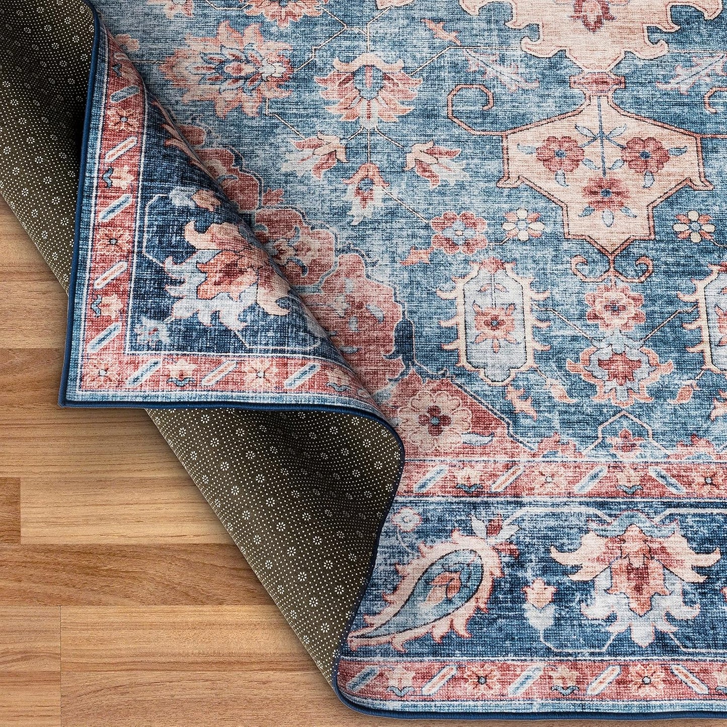 Realife Machine Washable Rug - Stain Resistant, Non-Shed - Eco-Friendly, Non-Slip, Family & Pet Friendly - Made from Premium Recycled Fibers - Distressed Vintage Medallion - Light Blue - 2'6" X 8'