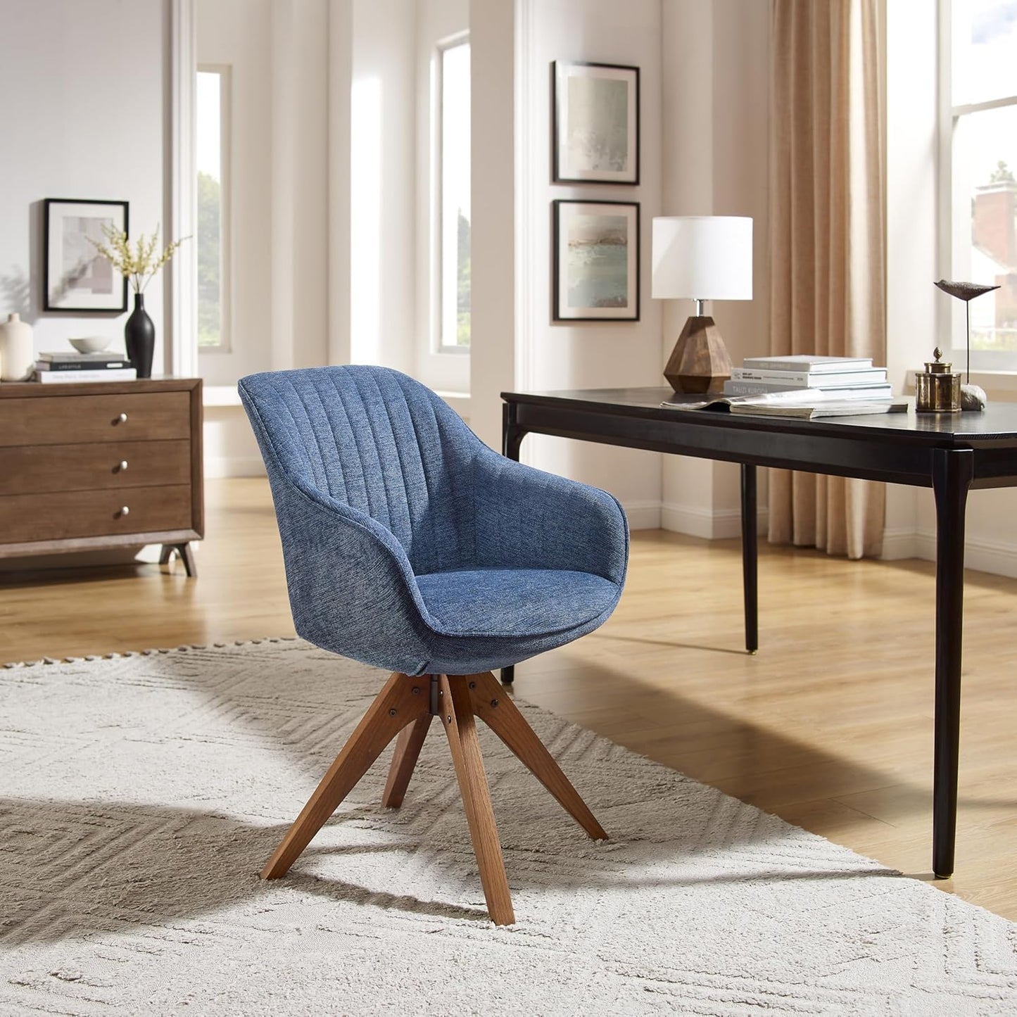 Desk Chair - Mid Century Modern Office Chair No Wheels, Swivel Accent Chair with Oak Wood Legs, Fabric Upholstered Arm Chair, Blue
