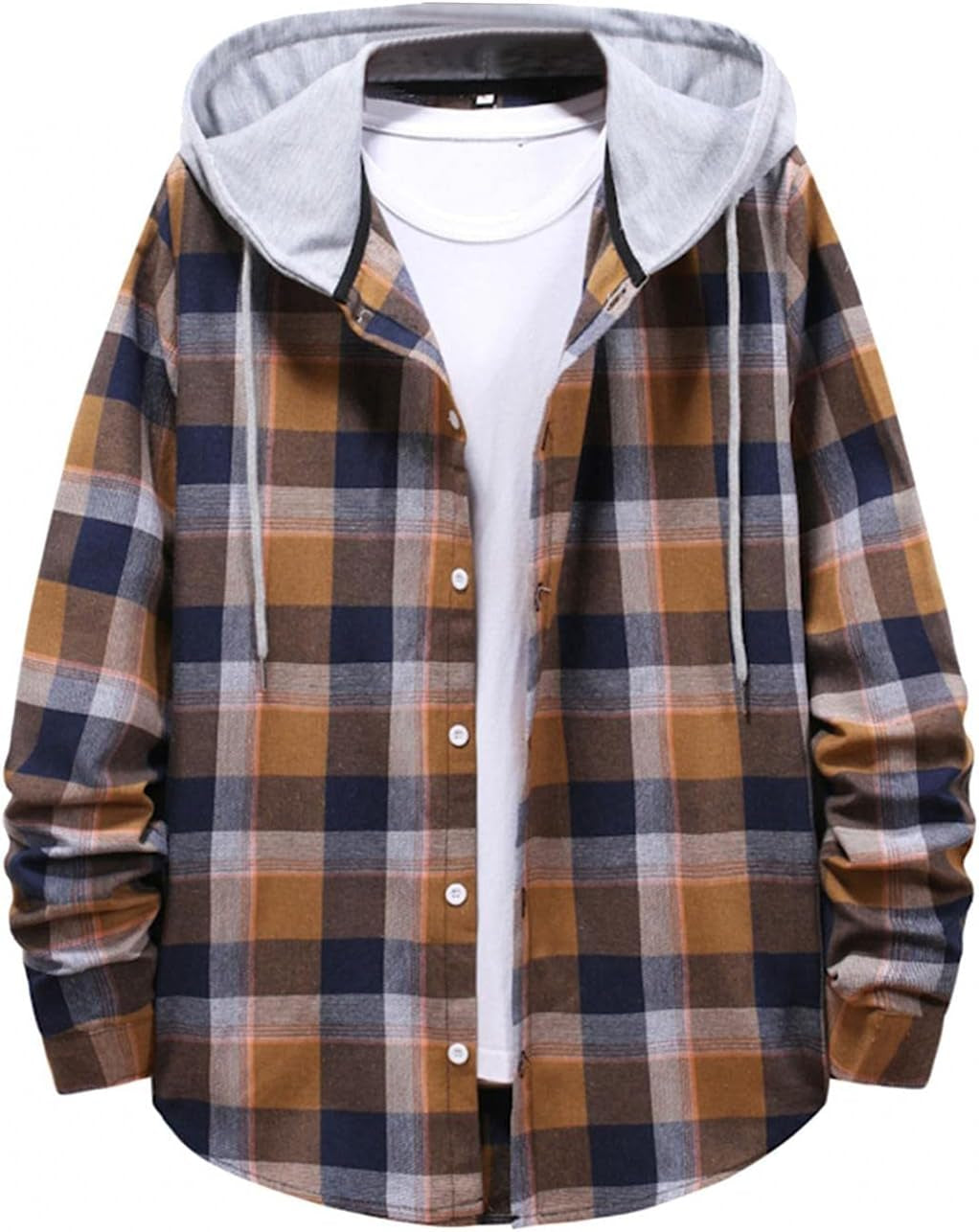 Plaid Flannel Hoodie Jacket Long Sleeve Casual Button up Quilted Buffalo Thermal Sweatshirt Fall Winter Outwear(Coffee,X-Large)