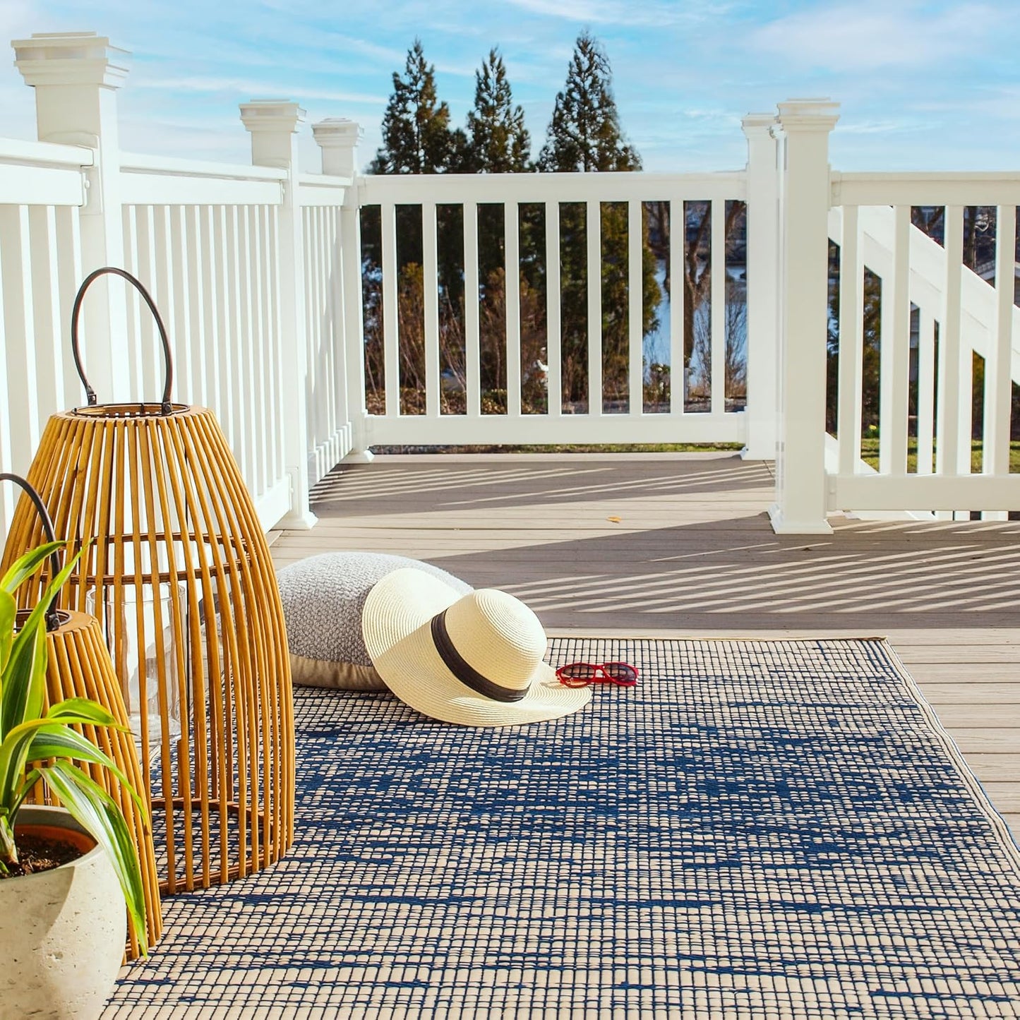 Abstract Distressed Stripes Outdoor Rug - Waterproof, Fade Resistant, Crease-Free, Reversible - Premium Recycled Plastic - Patio Porch Balcony Deck - Brooklyn Blue - 8X10 Ft