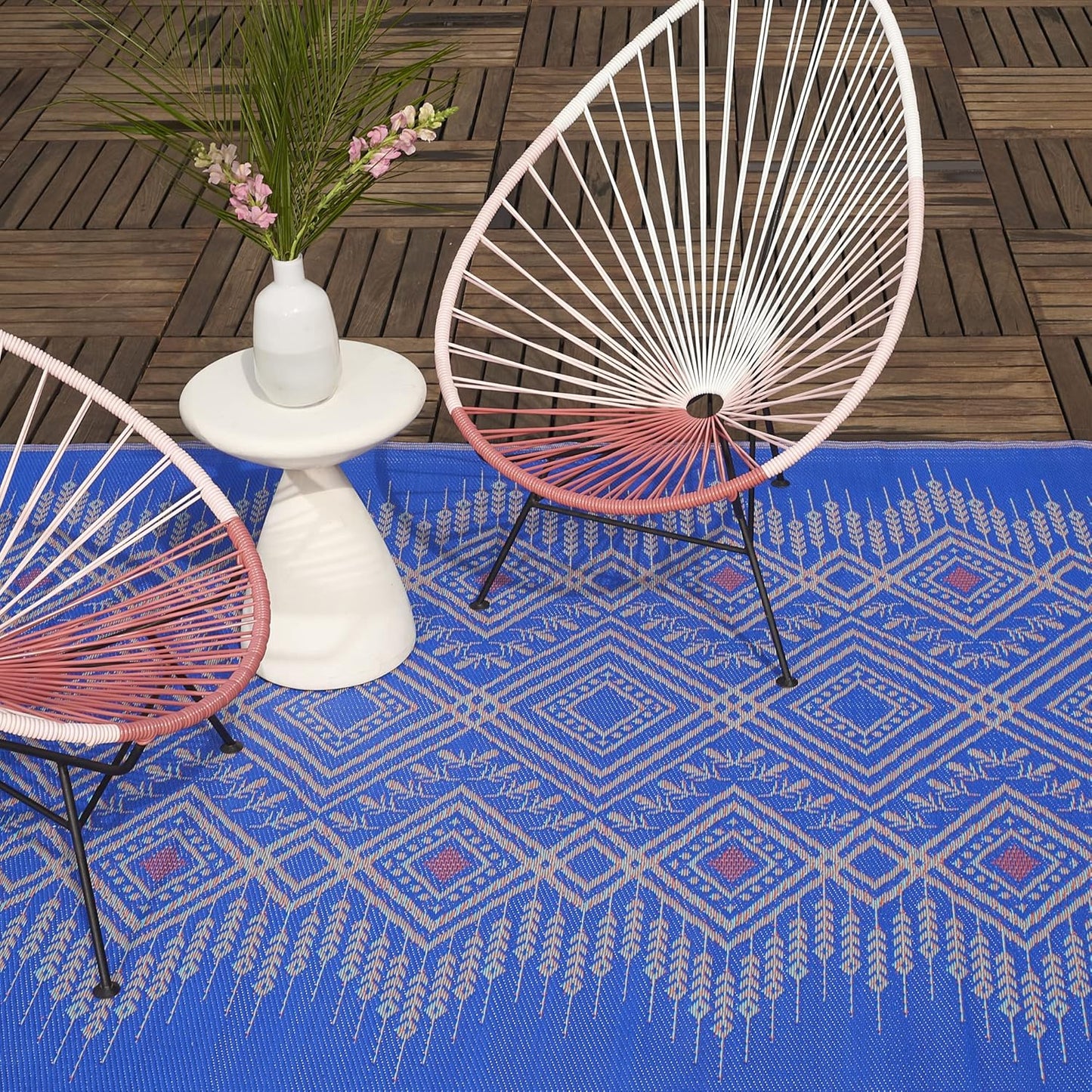 Outdoor Rug - Waterproof, Fade Resistant, Crease-Free, Reversible - Premium Recycled Plastic - Boho Southwestern - Patio, Porch, Deck, Balcony - Jodhpur - Multi Blue - 5 X 8 Ft