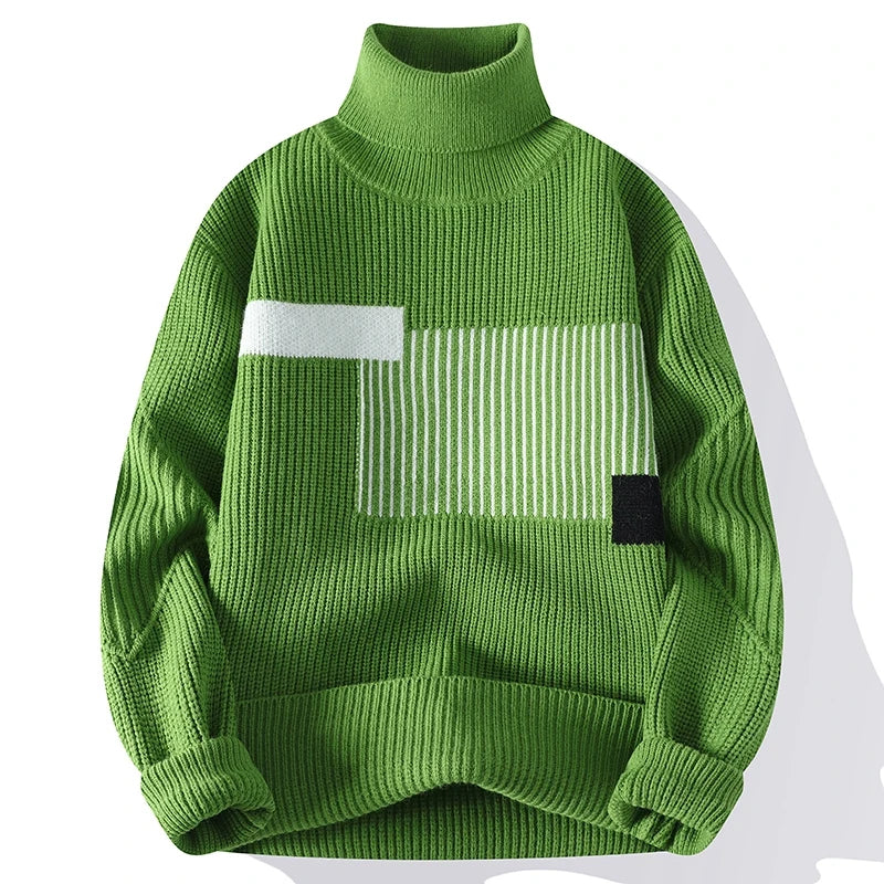 Autumn Winter Fashion Turtleneck Sweater Men Patchwork Knit Pullovers Korean Casual Sweaters Loose Mens Warm Pullover Knitwear