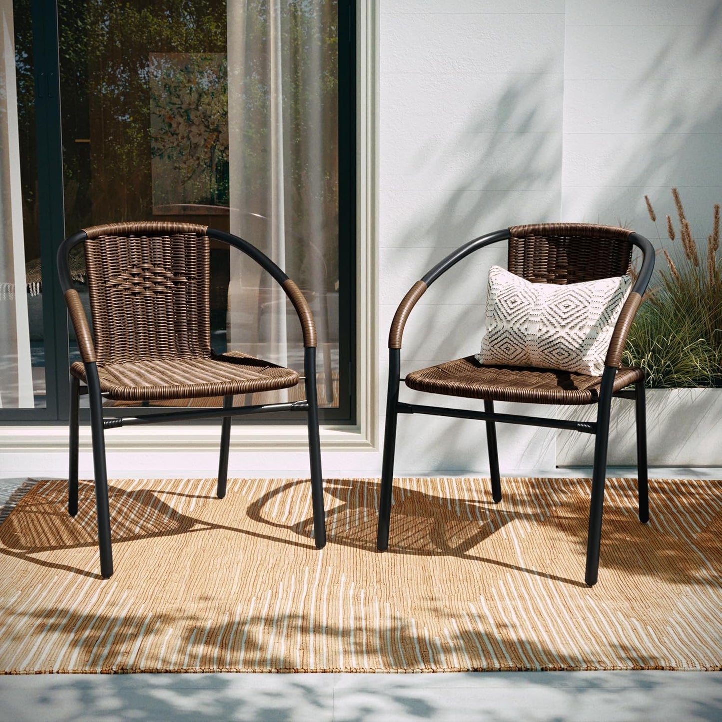 Set of 2 Modern Rattan Indoor/Outdoor Stack Chairs, Stacking Rattan Patio Chairs with Curved Back and Cross Bracing, Brown