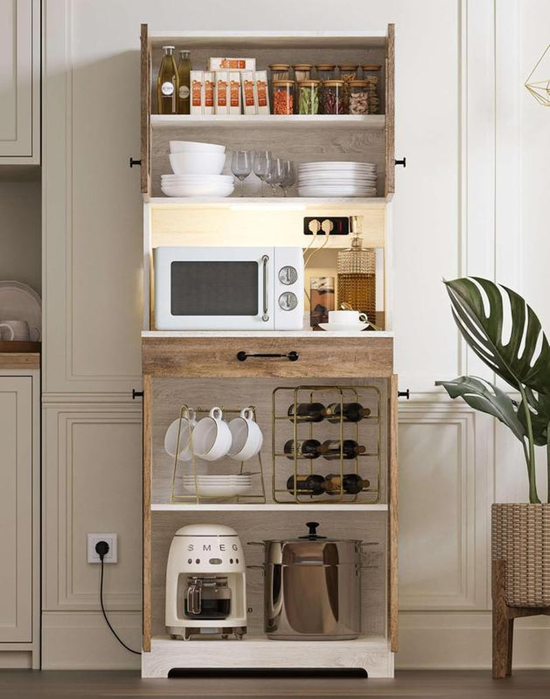 Sideboard Buffet Storage Cabinet with LED & Power Outlet, Kitchen Pantry Organization with Drawer Shelves, Microwave Wood Stand Hutch for Dining Room