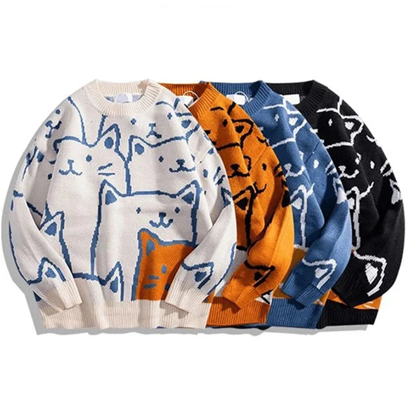 Cartoon Cat Knitted Sweater - Oversized Vintage Style for Winter