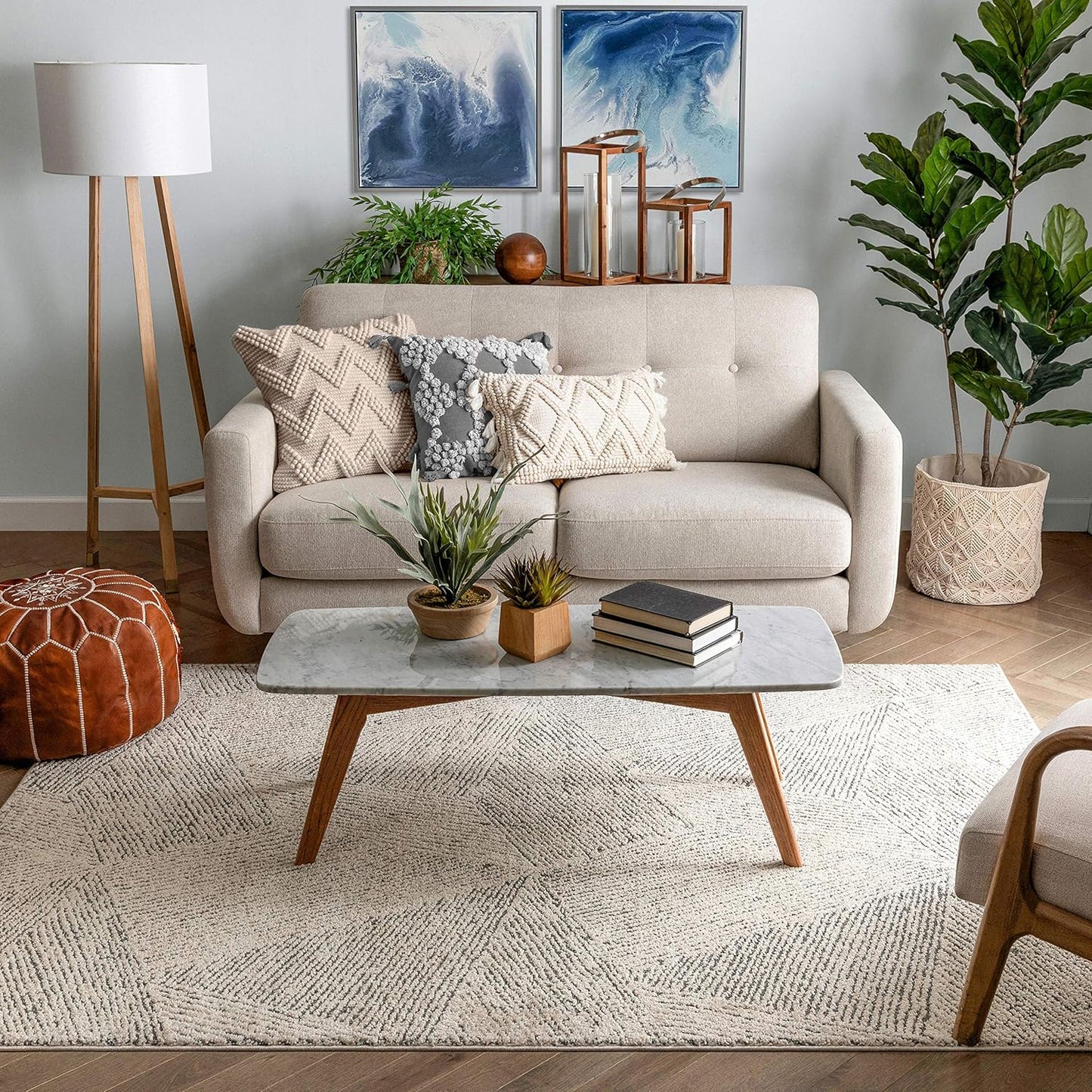 Ezio Beige Tribal Geometric Distressed High-Lo Pile Area Rug 5X7 (5'3" X 7'3")