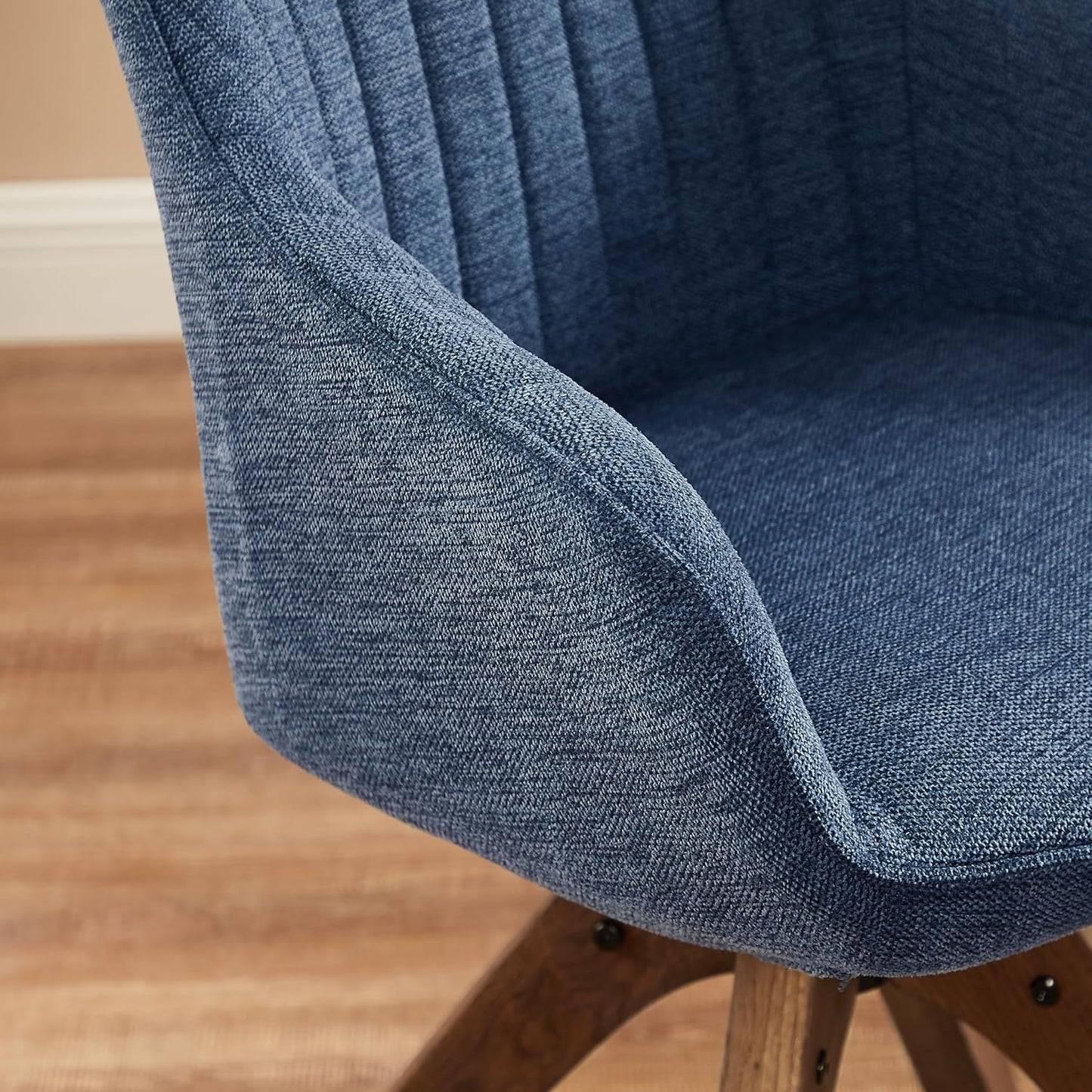 Desk Chair - Mid Century Modern Office Chair No Wheels, Swivel Accent Chair with Oak Wood Legs, Fabric Upholstered Arm Chair, Blue