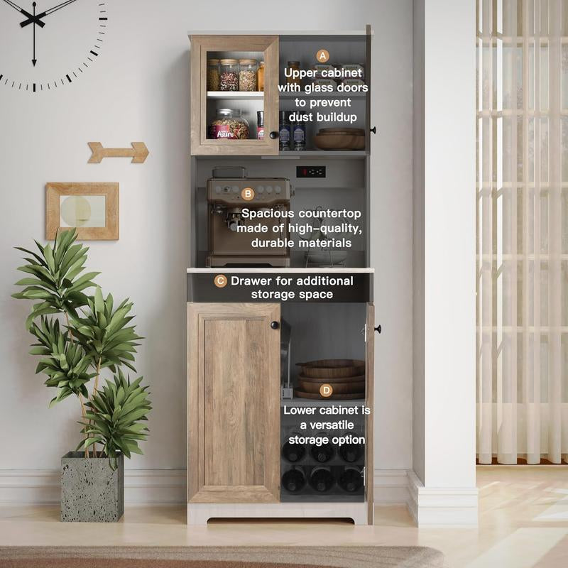 Sideboard Buffet Storage Cabinet with LED & Power Outlet, Kitchen Pantry Organization with Drawer Shelves, Microwave Wood Stand Hutch for Dining Room